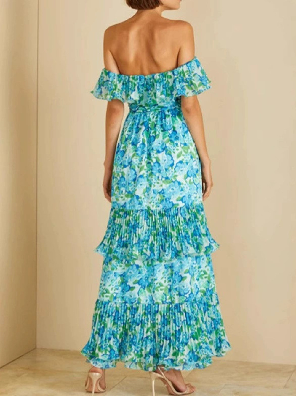 ZARA Off Shoulder Chiffon Print Ethereal Elegant Flowy Maxi Dress